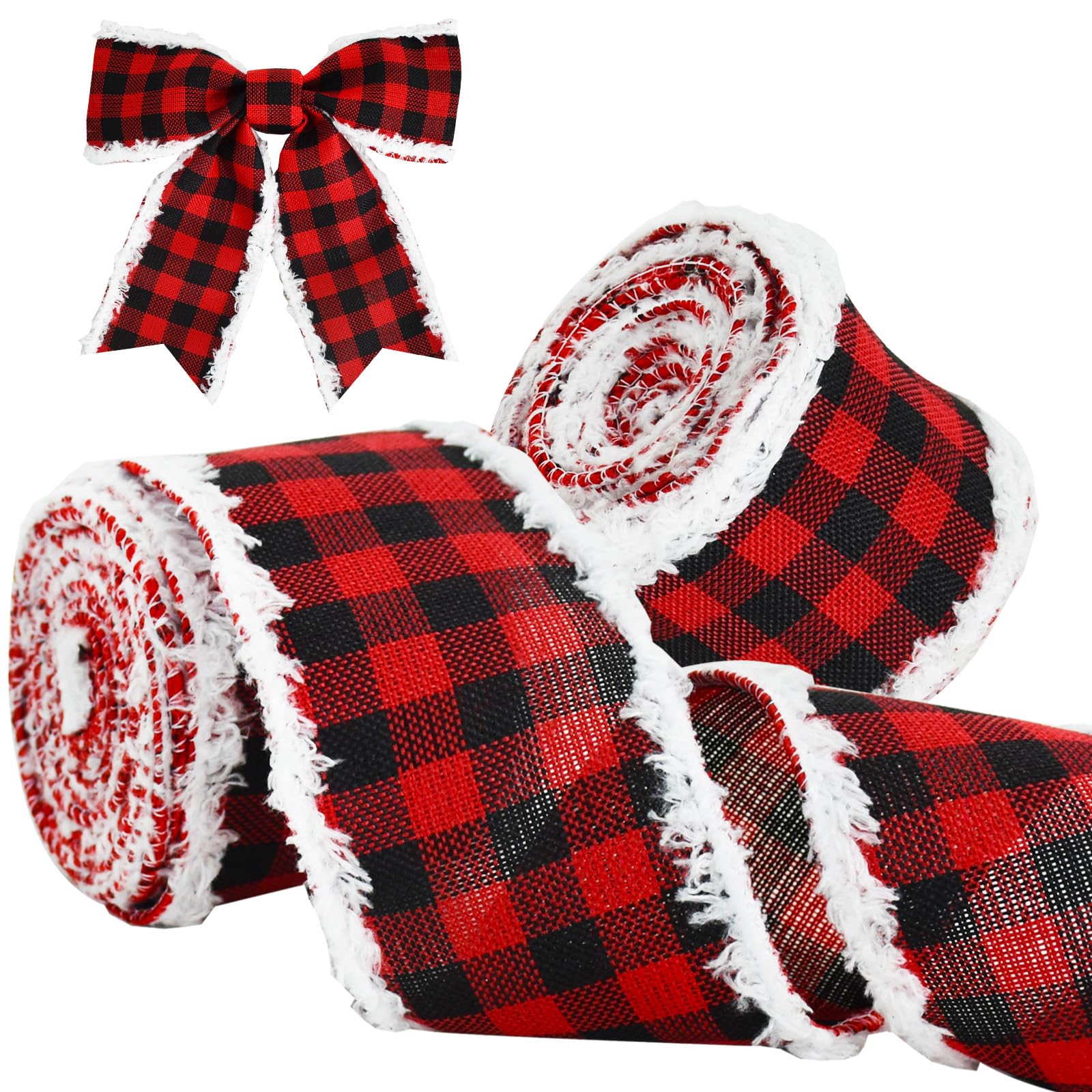 TONIFUL 2 Rolls-2.5 Inch Red and Black Plaid Ribbon Wired by White Fur, Plaid Chcek Ribbon for Christmas Party Decoration, Bow Making, Hair Accessories and Handmade Crafts Gifts Wrapping (6yds/roll)