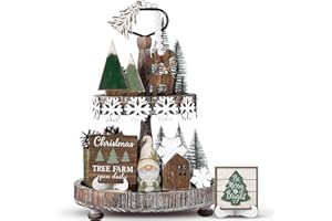 Yalikop 20 Pcs Neutral Sage Green Christmas Tiered Tray Decor Set Farmhouse Rustic Snowflake Xmas Tree Wood Table Centerpiece Decoration Tabletop Sign for Winter Home Kitchen Festival