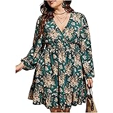 BEAUDRM Women's Plus Size Floral Short Dress Boho Ruffle Wrap V Neck Long Sleeve A Line Flowy Going Out Dresses