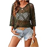 BEAUDRM Women's Hollow Out Crochet Knit Tops Y2k 3/4 Sleeve Pullover Summer Sweater Going Out Outfits
