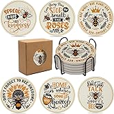 House Warming Gift Coasters Set of 6,Drink Absorbent Coasters with Holder, Coffee Table Decor Ceramic Stone Coaster for New Home,Apartment Kitchen Bar Living Room (Bee-Honeycomb)