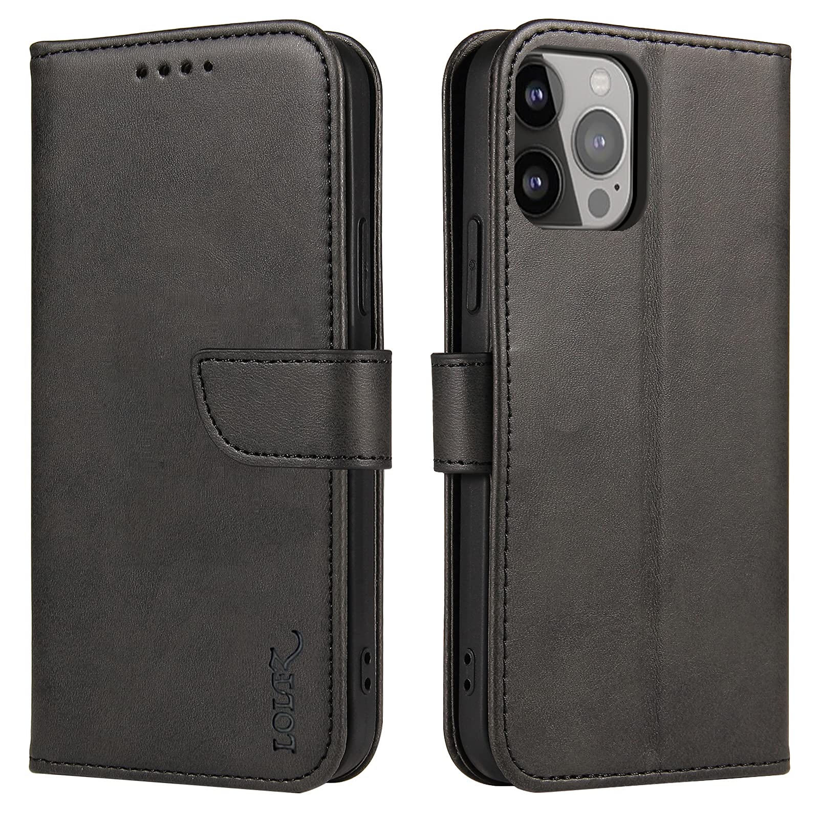 LOLFZ Wallet Case for iPhone 13 Pro, Vintage Leather Book Case with Card Holder Kickstand Magnetic Closure Flip Case Cover for iPhone 13 Pro - Black
