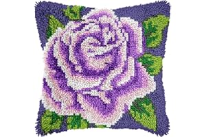 HOWIE'S NEEDLEPOINT Howie's Latch Hook Kit, DIY Purple Rose Pillow Crochet Yarn Kits for Adults, Color Preprinted Pattern Embroidery Sofa Cushion Cover (Purple Rose, 16.93 x 16.93 inch)