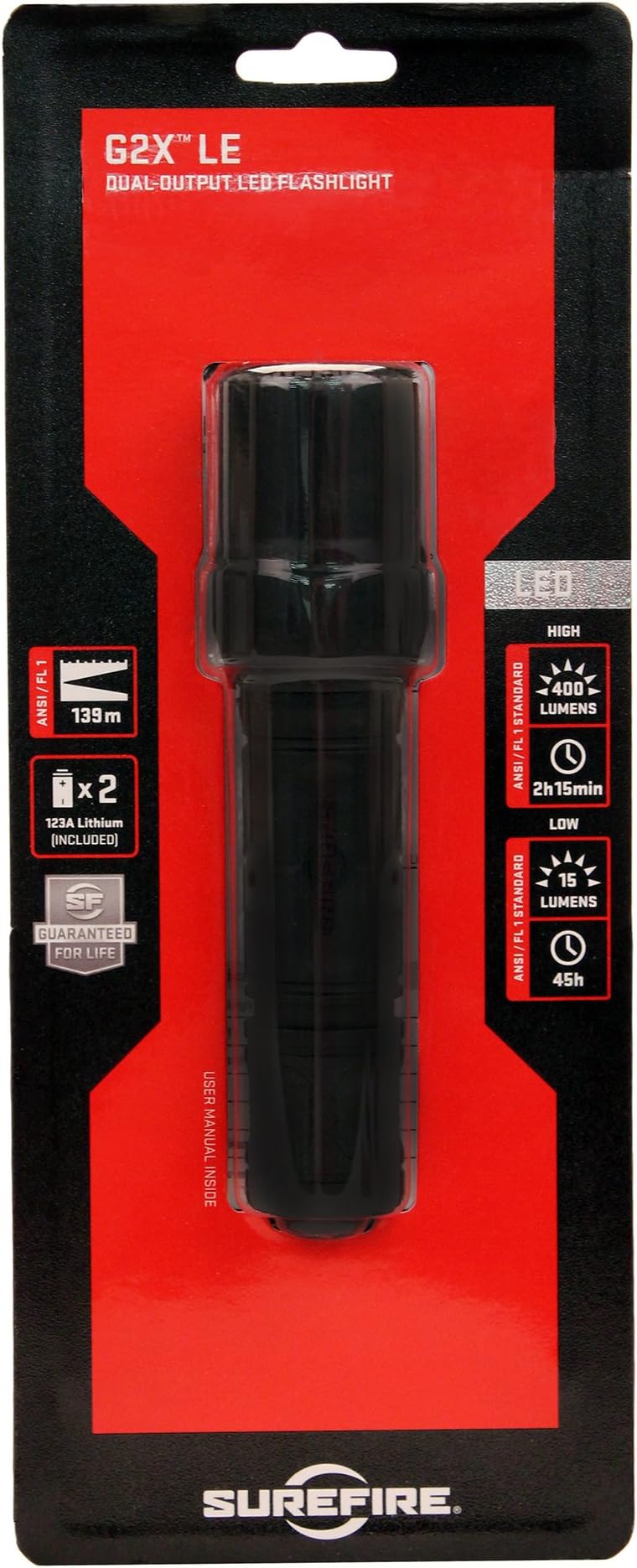 Surefire G2X LE Dual-Output LED Law Enforcement Flashlight 400 Lumens G2XLE-BK w/ 2x Extra Surefire CR123A batteries and Battery Case