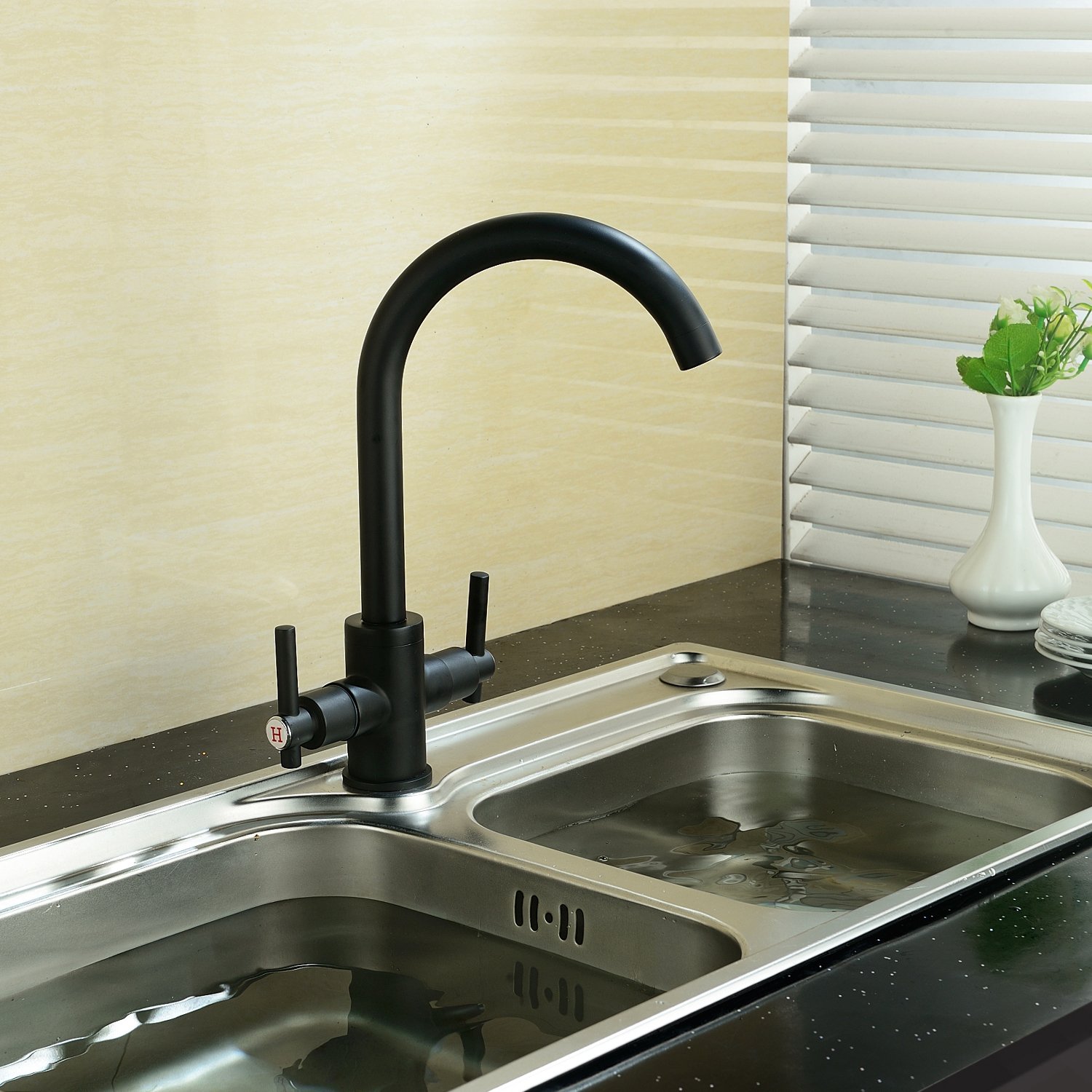 Funime Kitchen Sink Mixer Taps Traditional Dual Lever Monobloc Swivel Spout Chrome Brass