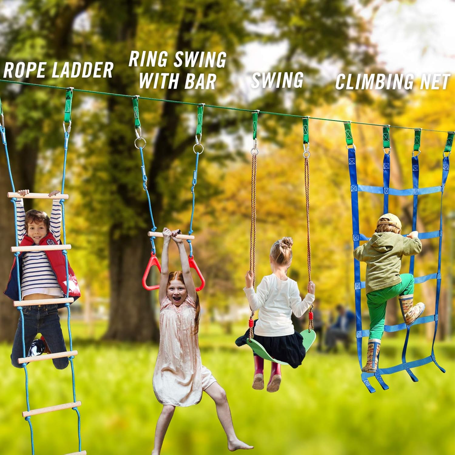 Ninja Warrior Obstacle Course for Kids - Ninja Slackline 52' with 11 Accessories for Kids, Includes Swing, Obstacle Net ,rope ladder,Slackline Gymnastic Bar, Become a Ninja Warrior - Ninja Line: Toys & Games