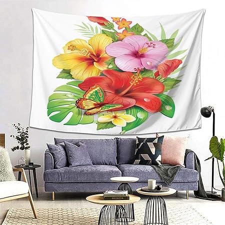 Amazon Co Jp Rosecny タペストリー インテリア 壁掛け 蝶が咲くプルメリアの花びらとカラフルなハイビスカスの花の花束 壁飾り 家 リビングルーム ベッドルーム 部屋 おしゃれ飾り 0ｘ150cm Generic