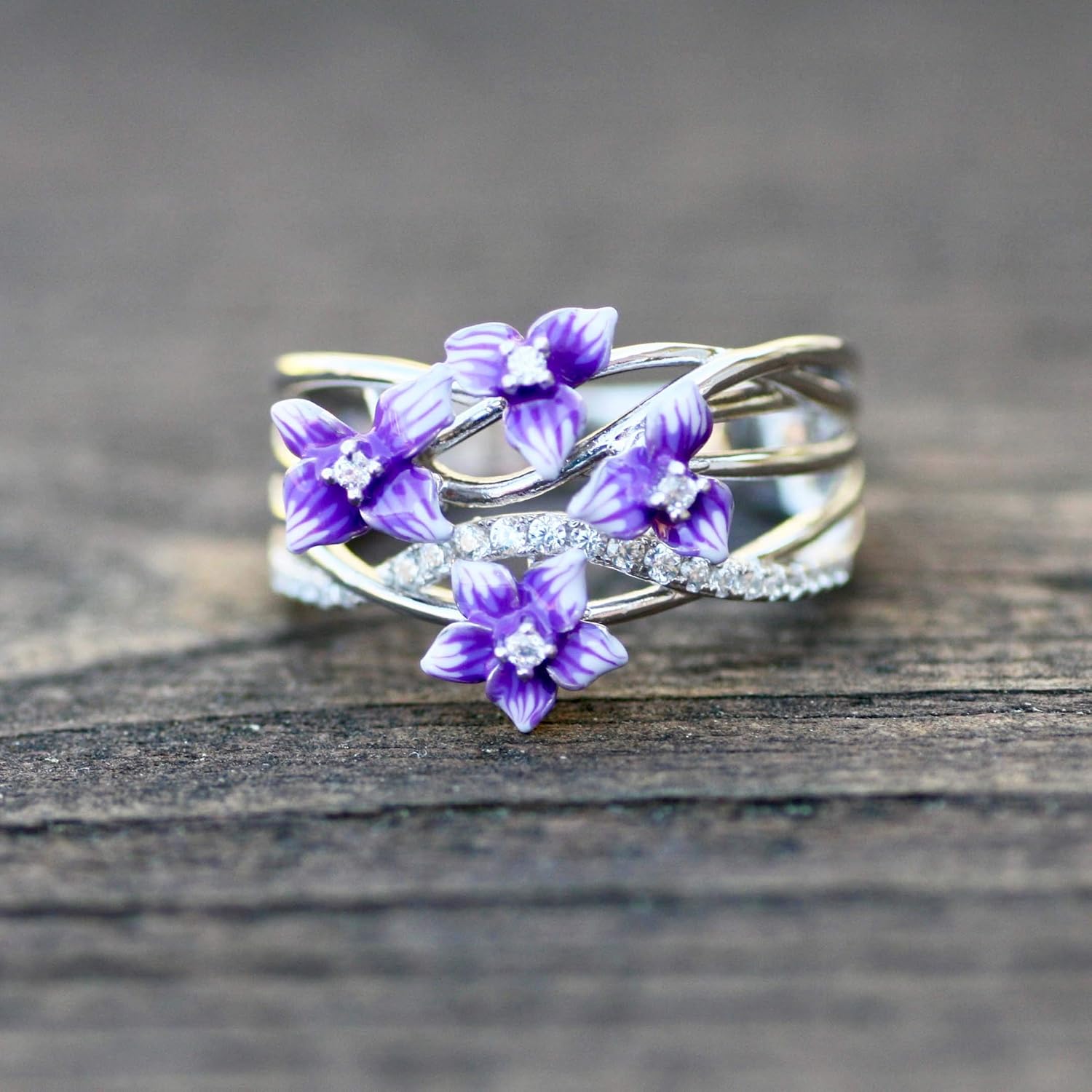 Purple Violet Flower Enameled Ring Band Sterling Silver Cubic Zirconias Love Amazon Ca Handmade