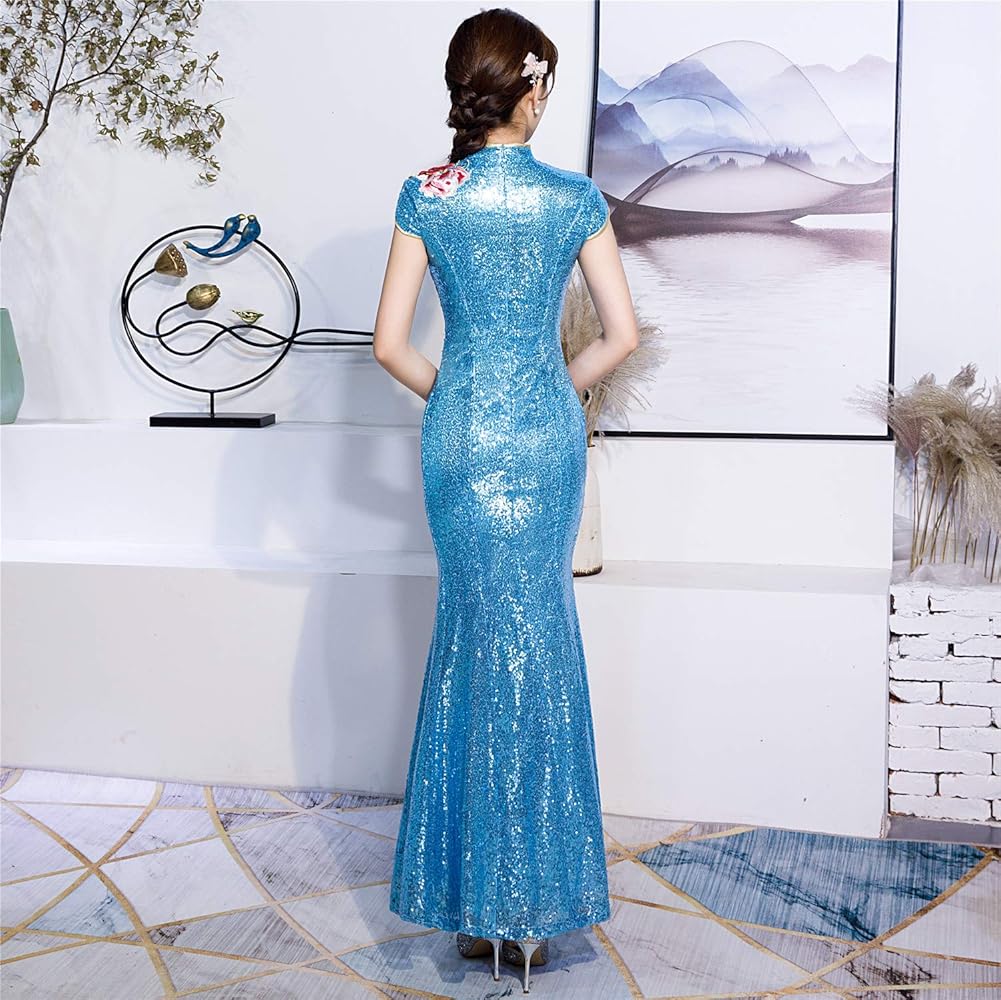 Mua 上海物語 Shanghai Story スパンコール 花柄 半袖 マーメイドドレス チャイナ ワンピース レディース 女性用 刺繍 レース ロングマーメイドドレス 中華風 中国 パーティー ワンピース ロング丈 ドレスチャイナドレス ブルー サイズ M Tren Amazon Nhật Chinh