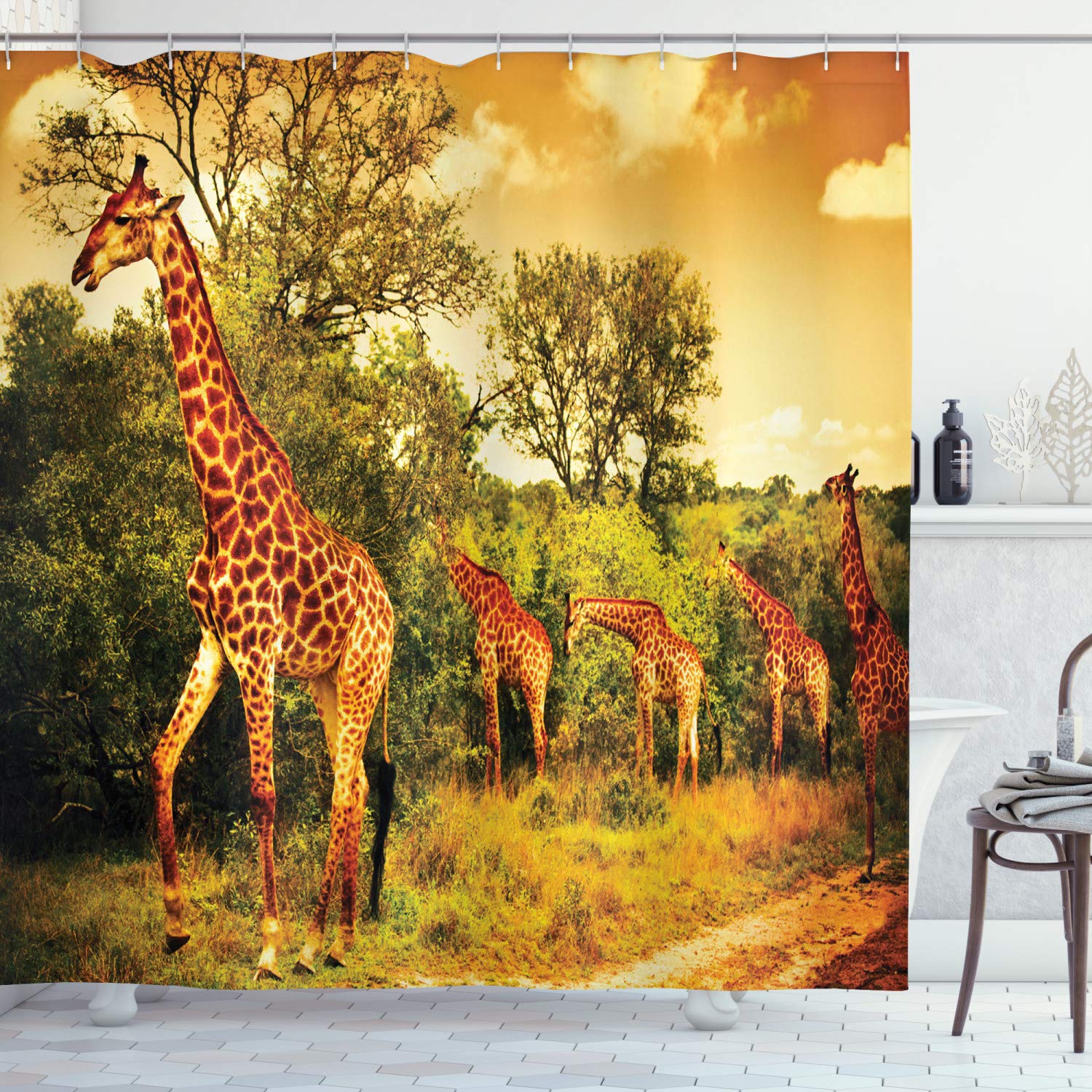 ABAKUHAUS Giraffe Shower Curtain, Safari Animals Walking in the Green Forest Savannah Wildlife Theme, Cloth Fabric Bathroom Decor Set with Hooks, 86 Inches Extra Long, Dark Orange Green