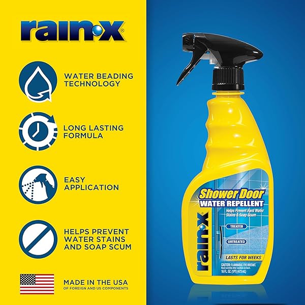 RAIN-X 630023 GLASS SHOWER CLEANER WATER REPELLENT – BATHROOM CLEANER AND WINDOW CLEANER, BATHROOM CLEANING SUPPLIES – PROTECTS GLASS SHOWER AND DOORS FROM SOAP RESIDUE AND HARD WATER, 16 FL. OZ.