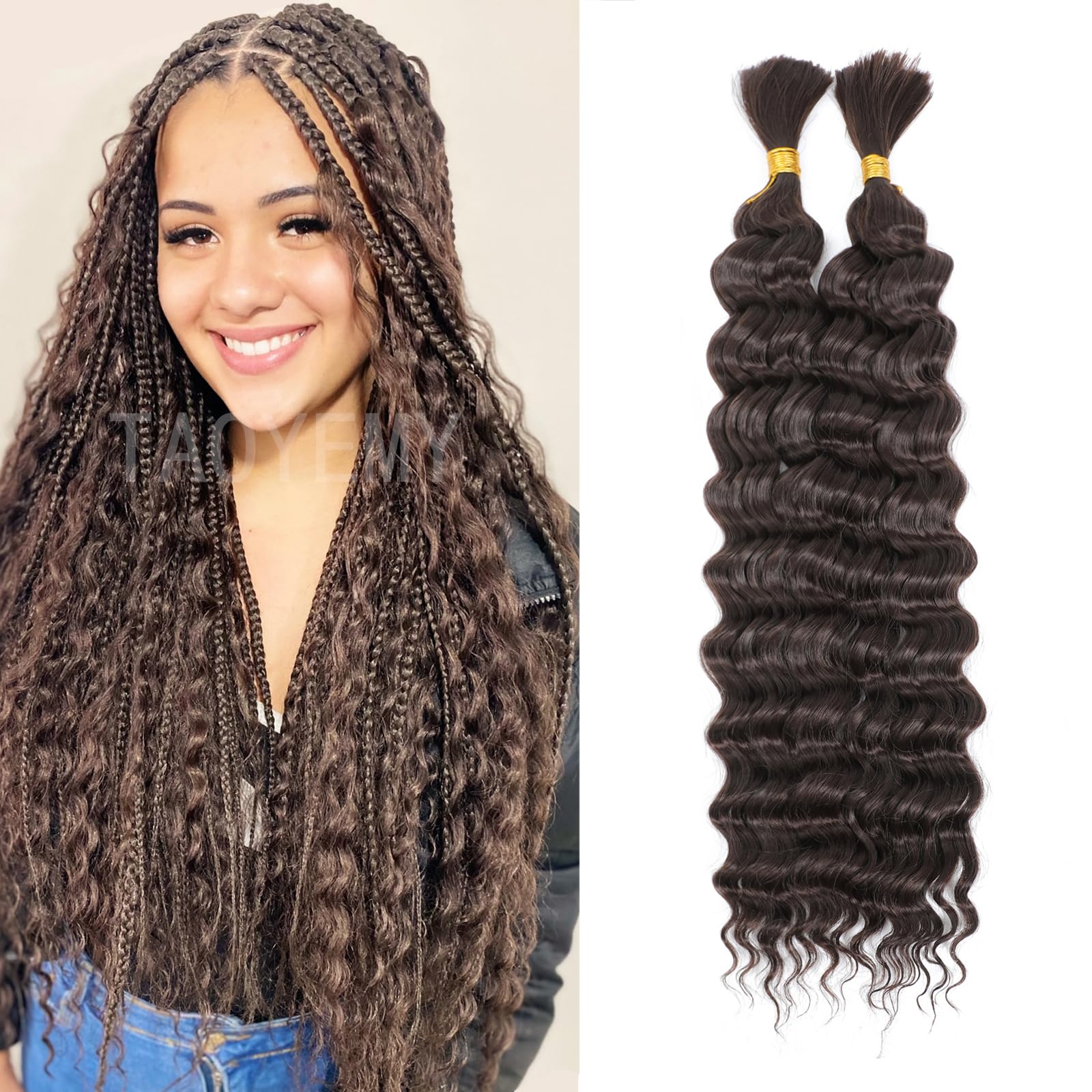 TAOYEMY Deep Wave Bulk Braiding Hair 100g (1 Pack—2 Bundles) No Weft Boho Braids Wet and Wavy Synthetic Hair Extension (4#, 16 inch-1pc) — image 1