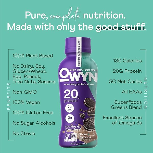 OWYN ONLY WHAT YOU NEED PROTEIN SHAKE VARIETY PACK, DARK CHOCOLATE, COLD BREW COFFEE, COOKIES AND CREAMLESS, 20G PROTEIN, 4G SUGAR, 3G FIBER, DAIRY FREE, PLANT BASED PROTEIN DRINK, 12 CT