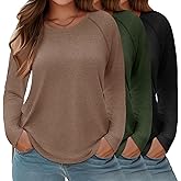 Evervibe 3 Pack Womens Plus Size Shirts Long Sleeve Casual Tops Crew Neck Basic Tee Curved Raglan Sleeves Tunic Fall Outfits