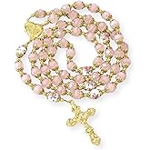 Nazareth Store Catholic Blue Crystal Beads Gold Rosary Flowers Beaded Necklace Miraculous Heart Locket Medal & Cross Religious Women Men Amulet