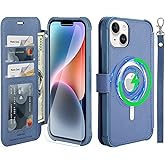 VANAVAGY Compatible for iPhone 14/13 Wallet Case for Magsafe Wireless Charging, PU Leather Flip Folio Phone Cover with Wrist Strap RFID Blocking Card Holder Screen Protector,Blue