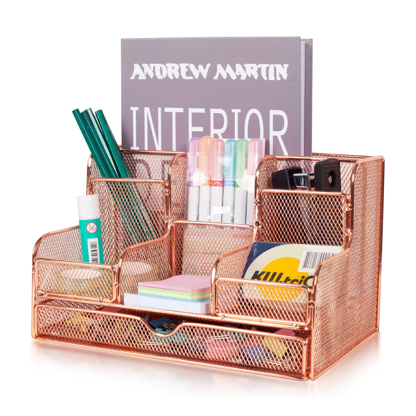 Pinkgarden Desk Organizer, Elegant Office Decor with Pen Holder - Durable Metal Desktop Organizer with 7 Compartments & 1 Drawer for Home Office,10.2" W x 6.7" D x 6.3" H (Rose Gold)