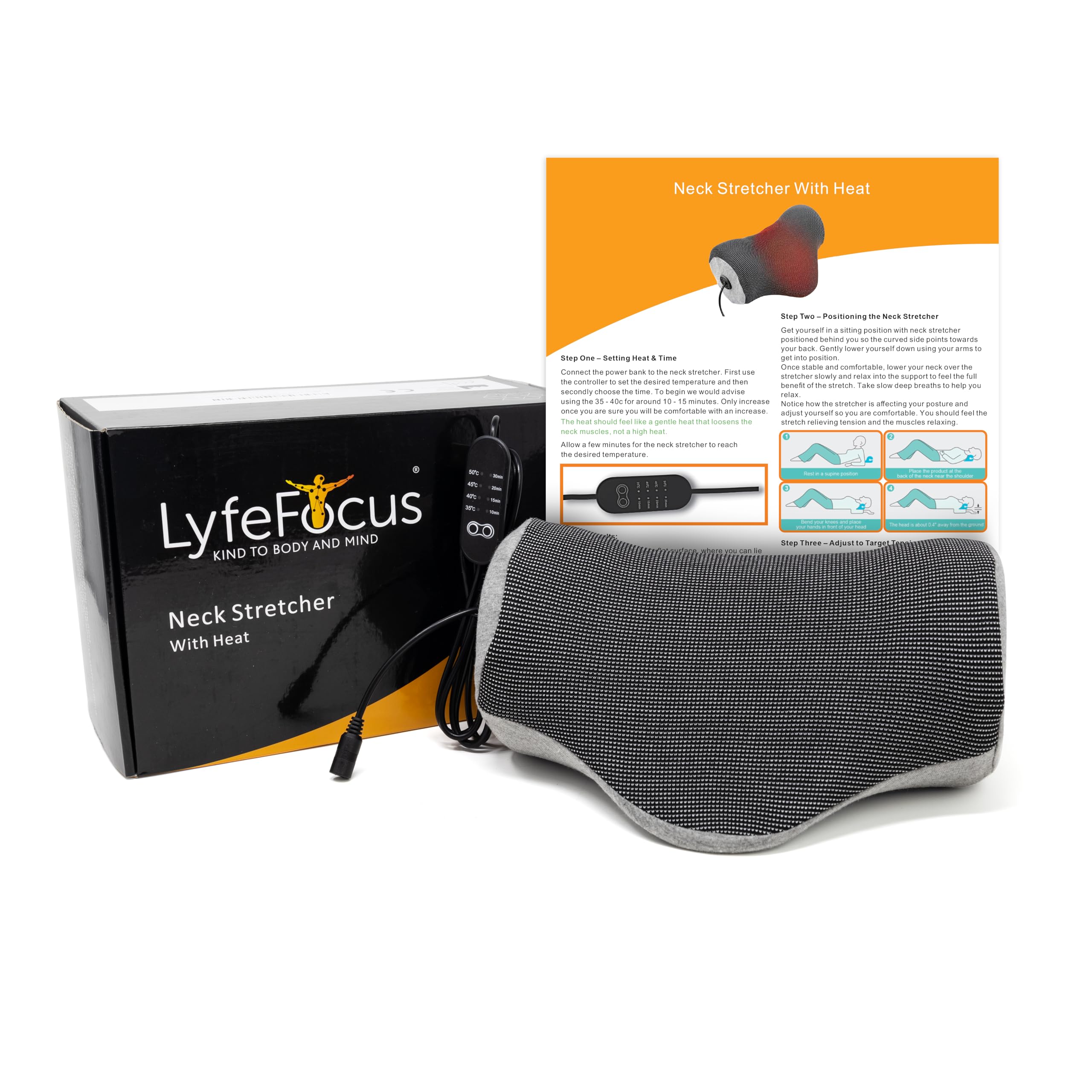 LyfeFocus Neck Stretcher with Heat for Back & Neck Pain - Neck Support Posture Corrector with Firm Nodes Designed to Relieve Muscle Tension (Grey, Heat Only)