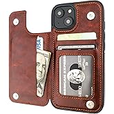 ONETOP Compatible with iPhone 14 Wallet Case with Card Holder, PU Leather Kickstand Card Slots Case, Double Magnetic Clasp and Durable Shockproof Cover 6.1 Inch (Brown)