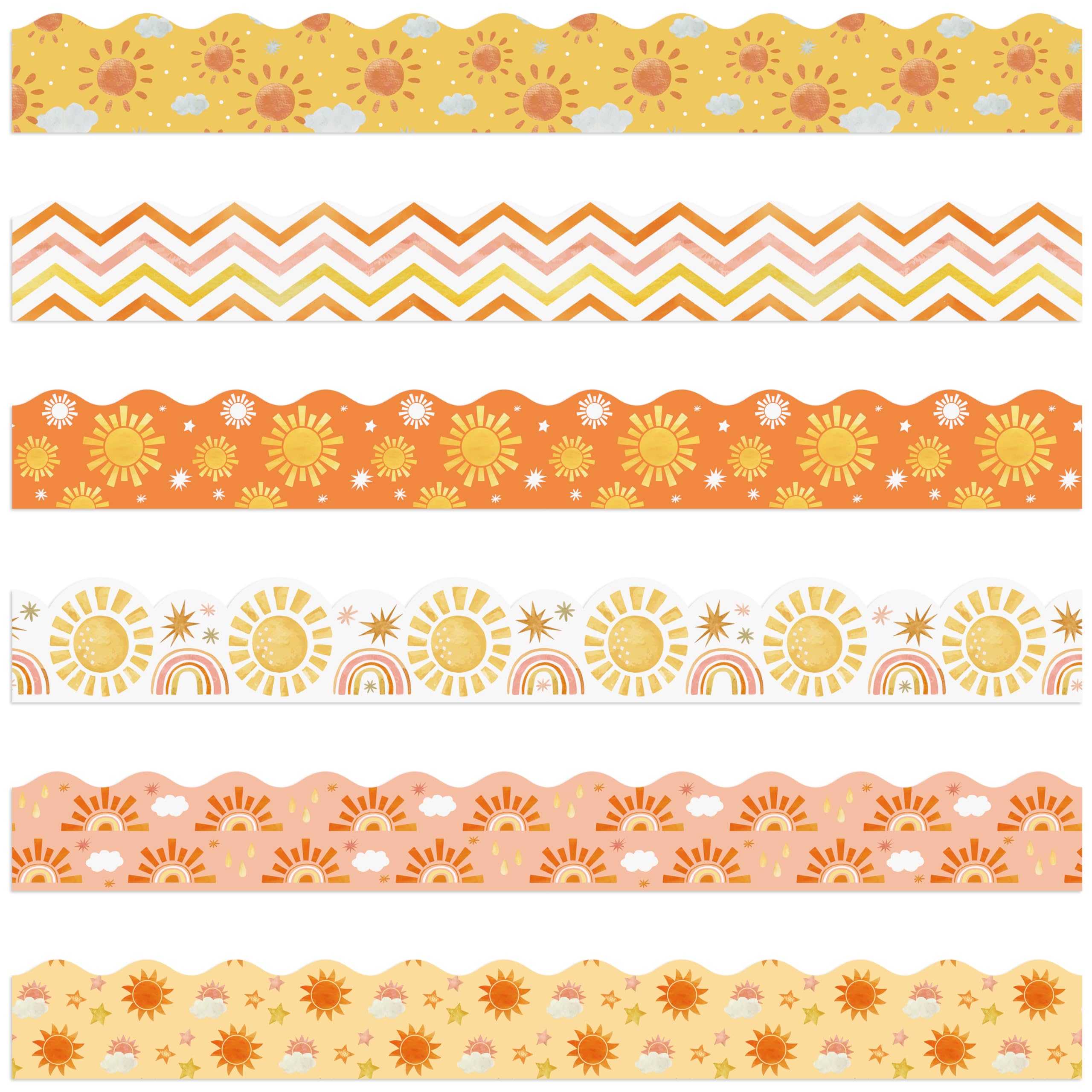 Photo 1 of BeYumi 96Pcs Boho Sun Themed Bulletin Board Borders Boho Hippie Sunshine Scalloped Border Trim Decoration Set Rainbow Sun Holiday Back to School Classroom Office Party Chalkboard Blackboard Decor