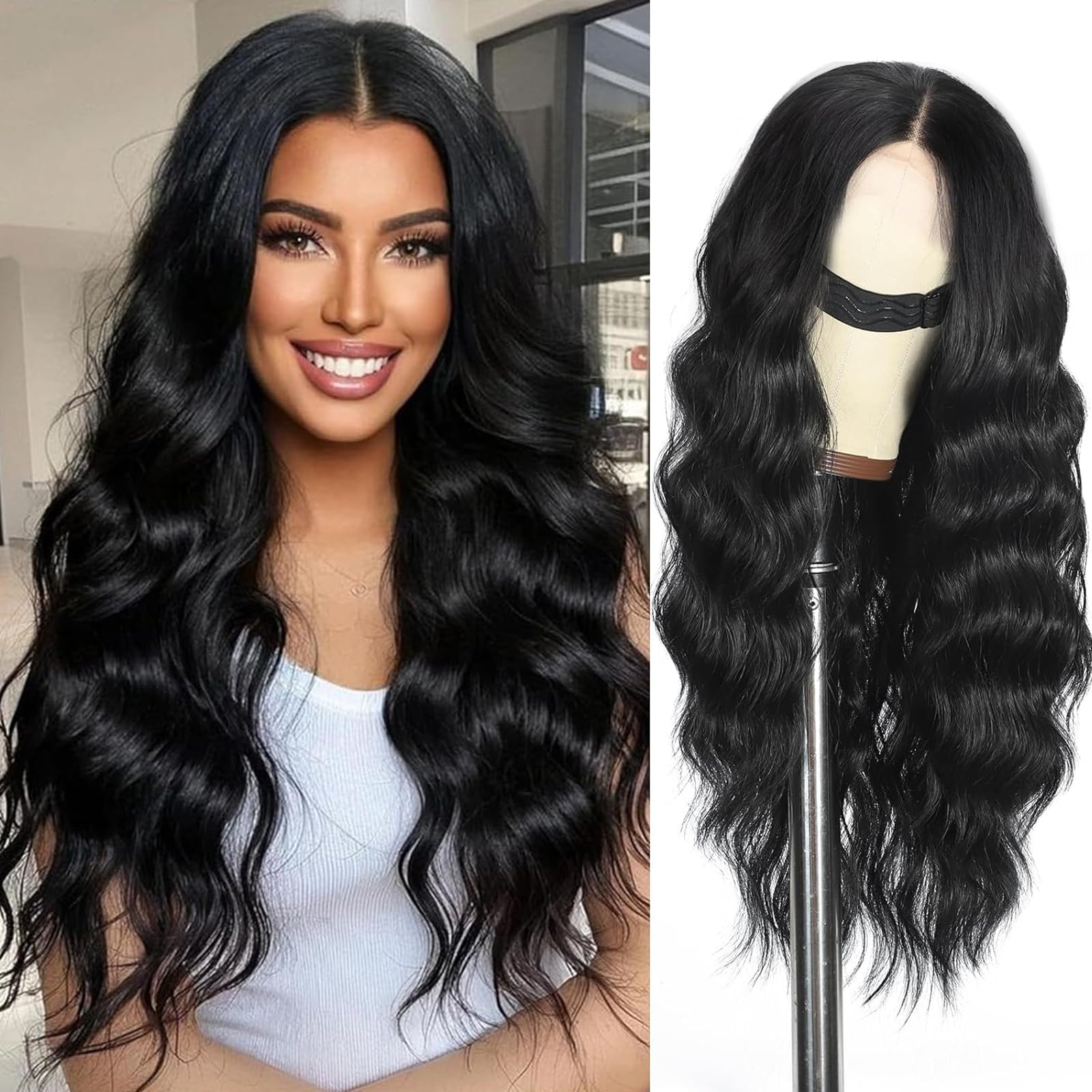 Photo 1 of SCENTW Glueless Wigs Black Wig for Women Hand-Tied Lace Synthetic Lace Front Wig Long Wavy with Natural Hairline Middle Part Synthetic wig for Daily Party Beginners