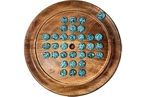 22cm Diameter wooden SOLITAIRE BOARD GAME with BRILLIANT BLUE OXYGEN GLASS MARBLES | classic wooden solitaire game | strategy