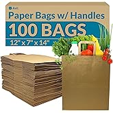 Reli. Paper Grocery Bags w/Handles (100 Pcs, Bulk)(12"x7"x14") Large Paper Grocery Bags with Handles - Heavy Duty 57 Lbs Basis - Shopping, Takeout/To Go, Retail (Brown/Kraft)