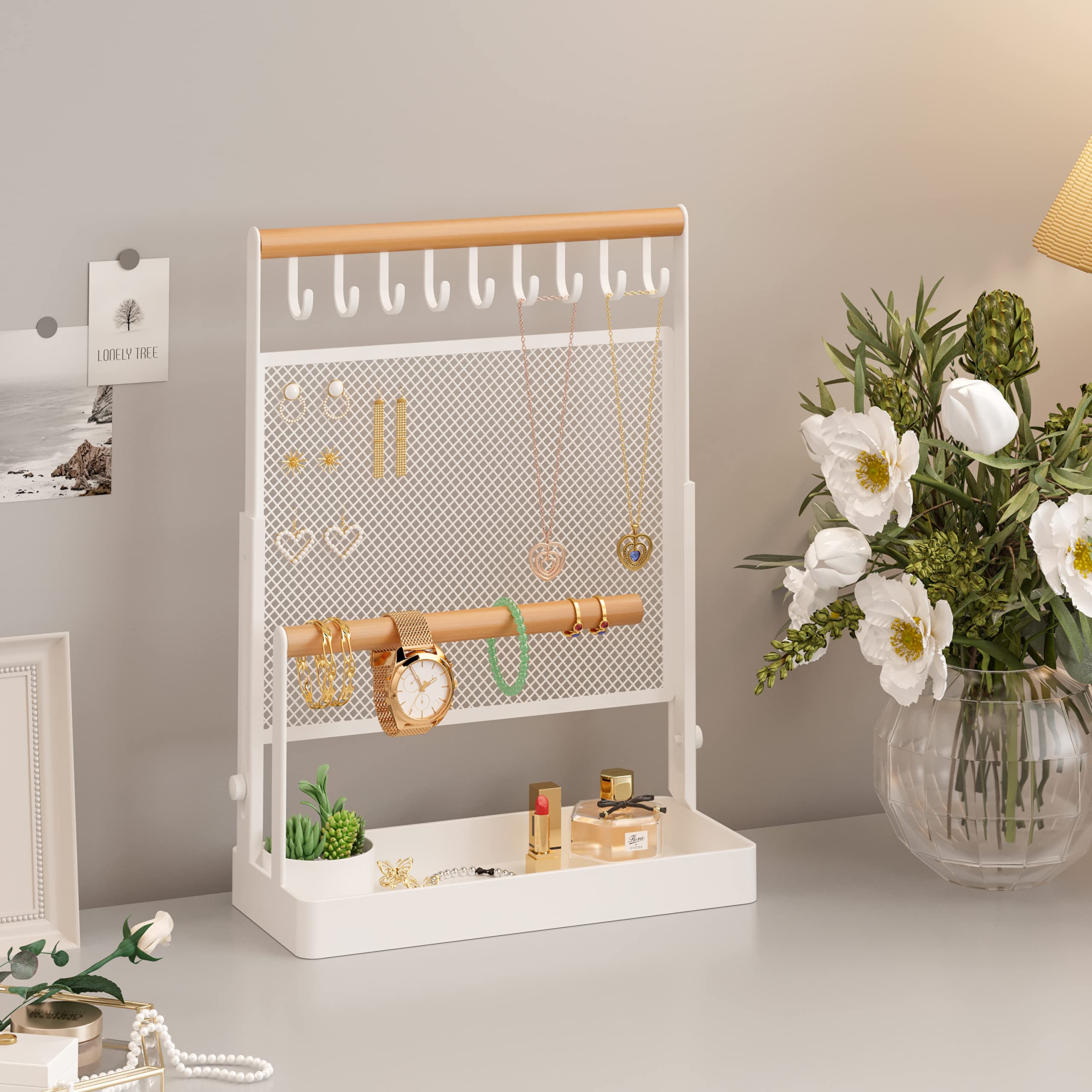 Jewelry Organizer Stand, Liftable Necklace Holder with Earring Organizer Net, 9 Hooks Necklaces Storage Wooden Handing Bar for Bracelets Watches Rings (White)