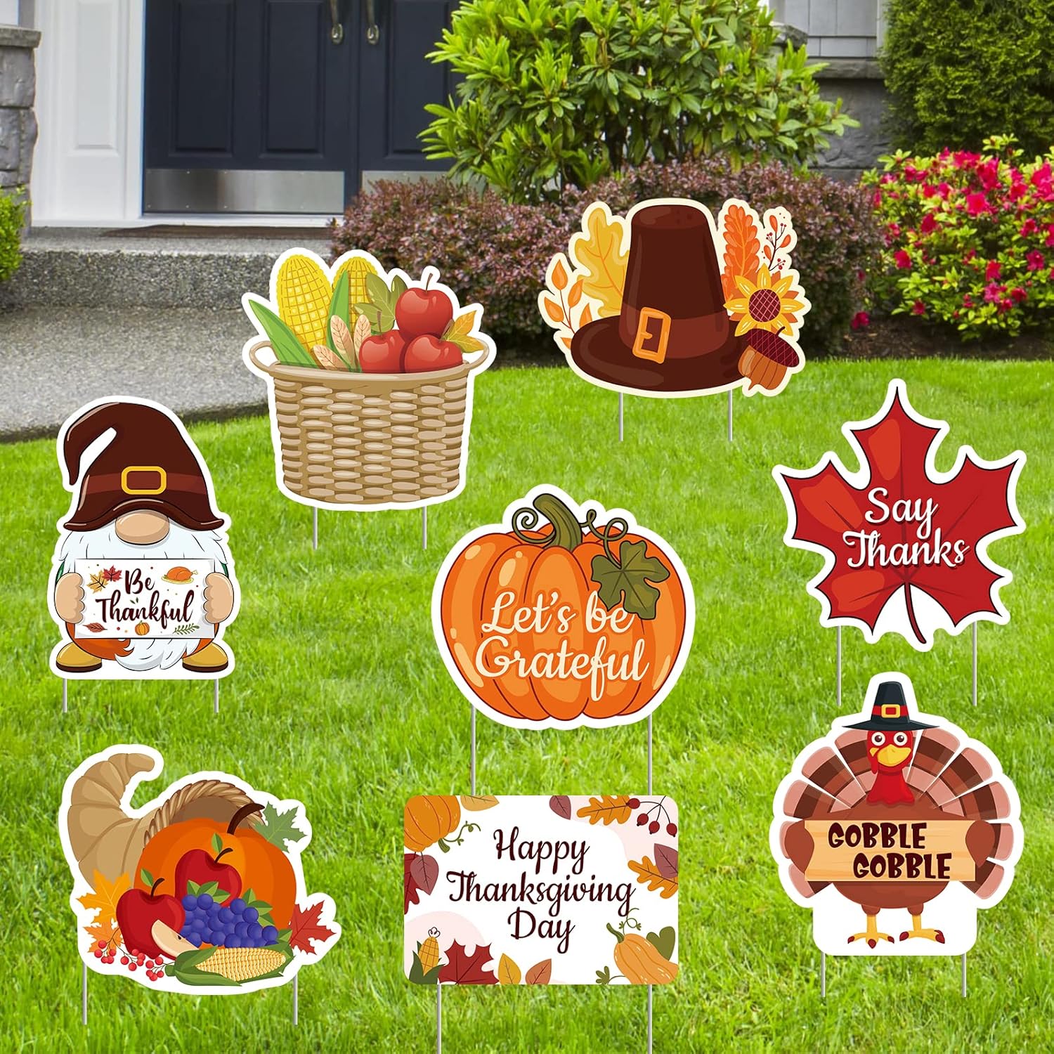 Yard Signs - Thanksgiving Yard Signs Decorations - Give Thanks Stakes Fall Turkey Day Lawn Outdoor Decor Party Supplies 8PCS