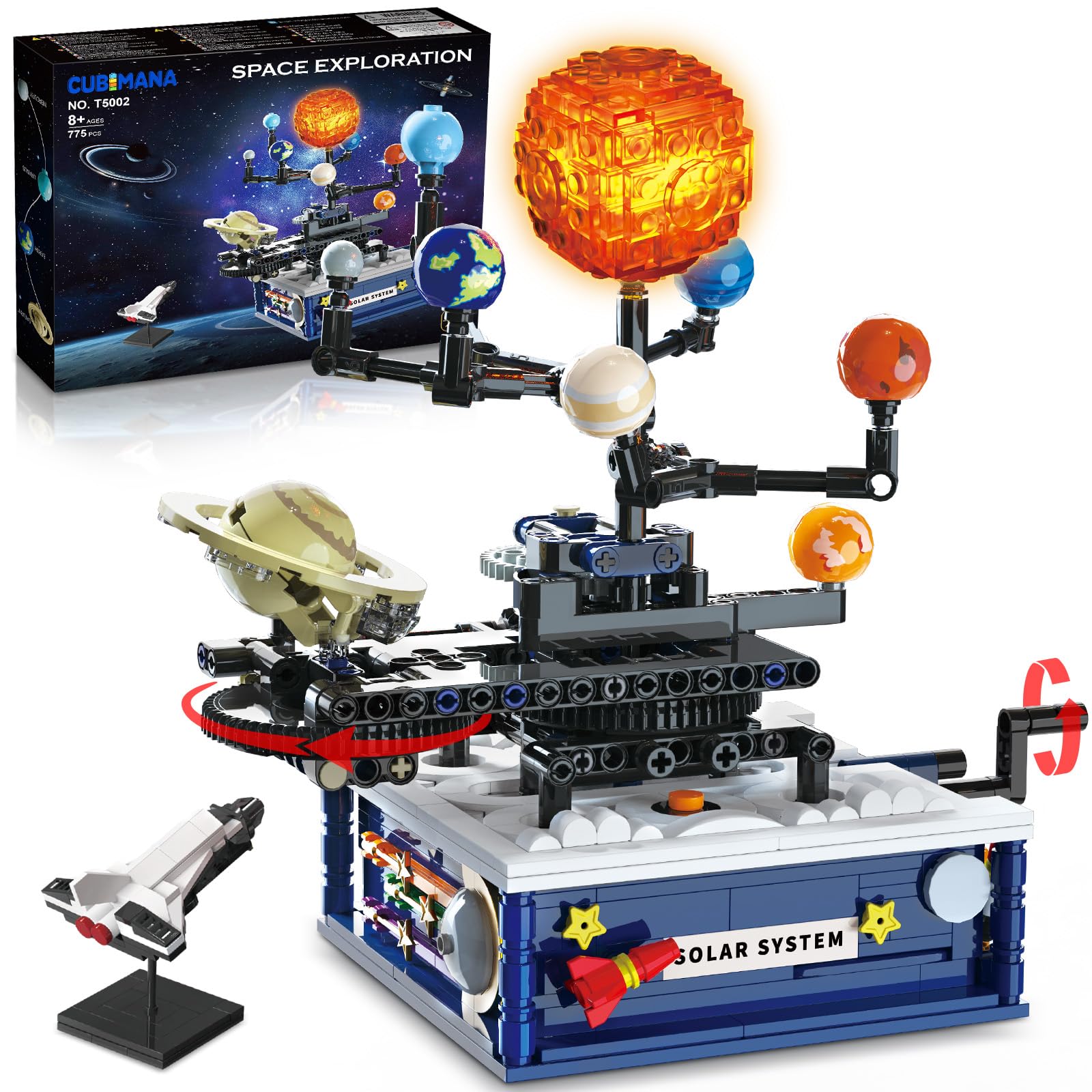 CUBIMANA Technik Sonnensystem Bauspielzeug mit Licht – Kosmischeforschung Rotations Bauset mit 8 Planeten und Raketenständer, 775 Teile Geschenke für 8+ Jahre alte Kinder Jungen Mädchen und Erwachsene