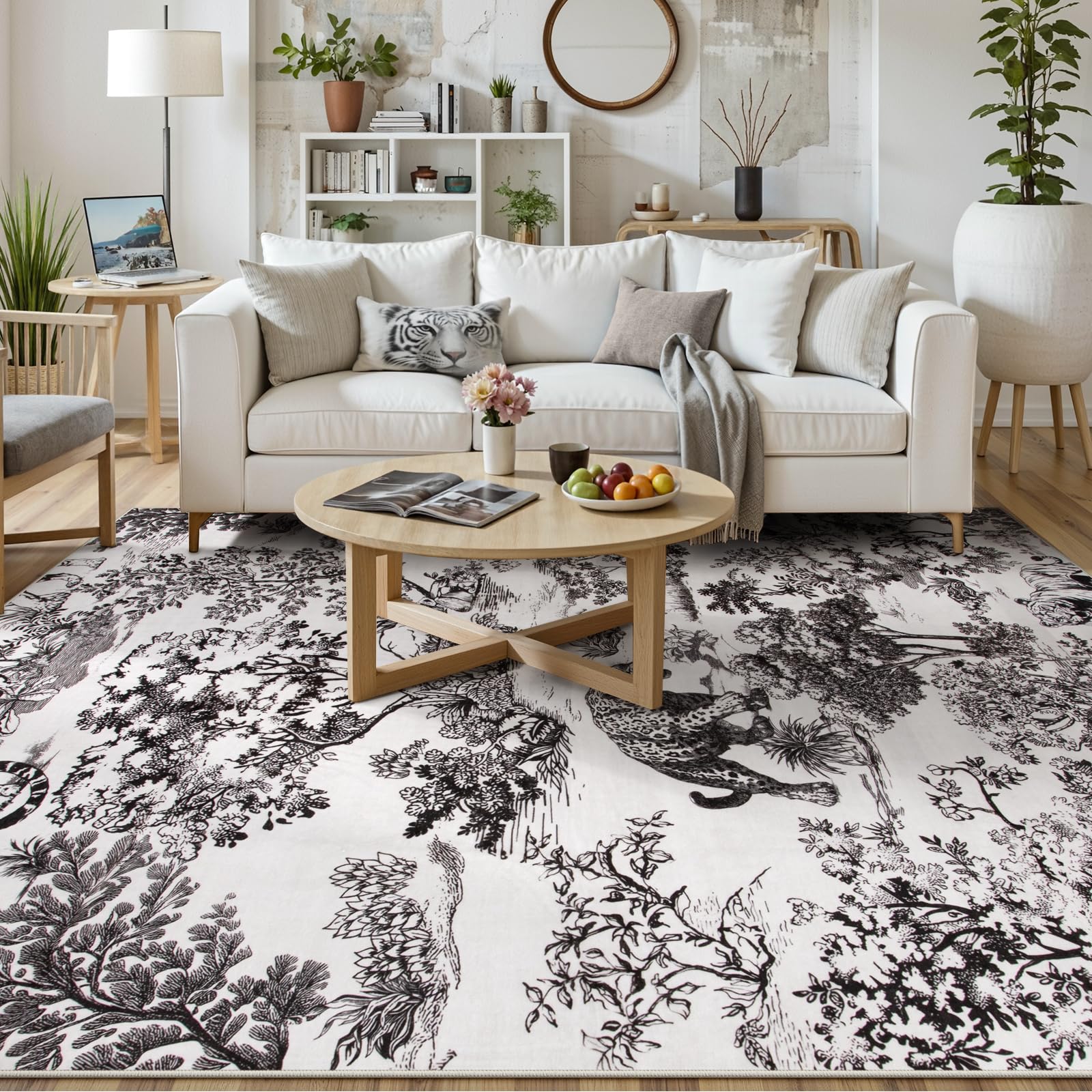 Photo 1 of Lahome Living Room Rug 8x10, Classic Black Toile Vintage Botanical Washable Area Rug for Bedroom, Soft Large Non-Slip Unique Jungle Animal Print Carpet with Tigers and Lions for Aesthetic Decor