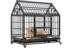 HEASON Heavy Duty Dog Crate Cage Kennel for Large XL XXL Dogs, High Anxiety Indestructible Indoor Dog Kennel with Lockable Wheels & Feeding Door, 3 Door and Removable Tray Design (42 inch, Spire Roof)