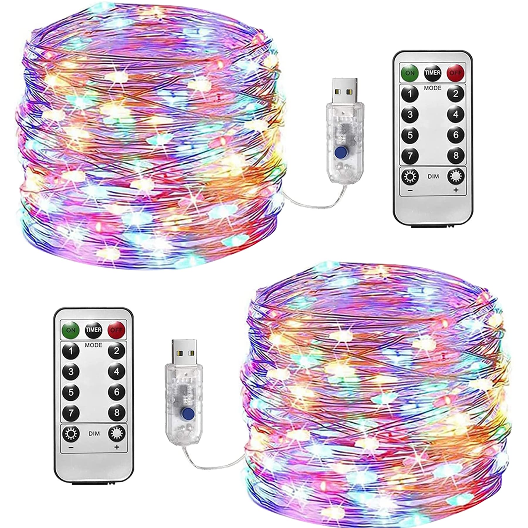 Fairy Lights Waterproof, 2 Pack 12m/39ft 120 LEDs String Lights USB Plug in, 8 Modes Remote Timer Indoor/Outdoor Copper Wire Lights for Bedroom, Wedding, Party, Christmas Decorations (Multi-Coloured)
