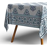 LOTUS MILLS 100% Organic Cotton Blue Table Cloth, Indian Block Print Table Linen for Dining, Parties, Wedding, Outdoors Home Decor | 60x60 INCH Square | 4 Seater - Nantucker Harbor Blue Damask