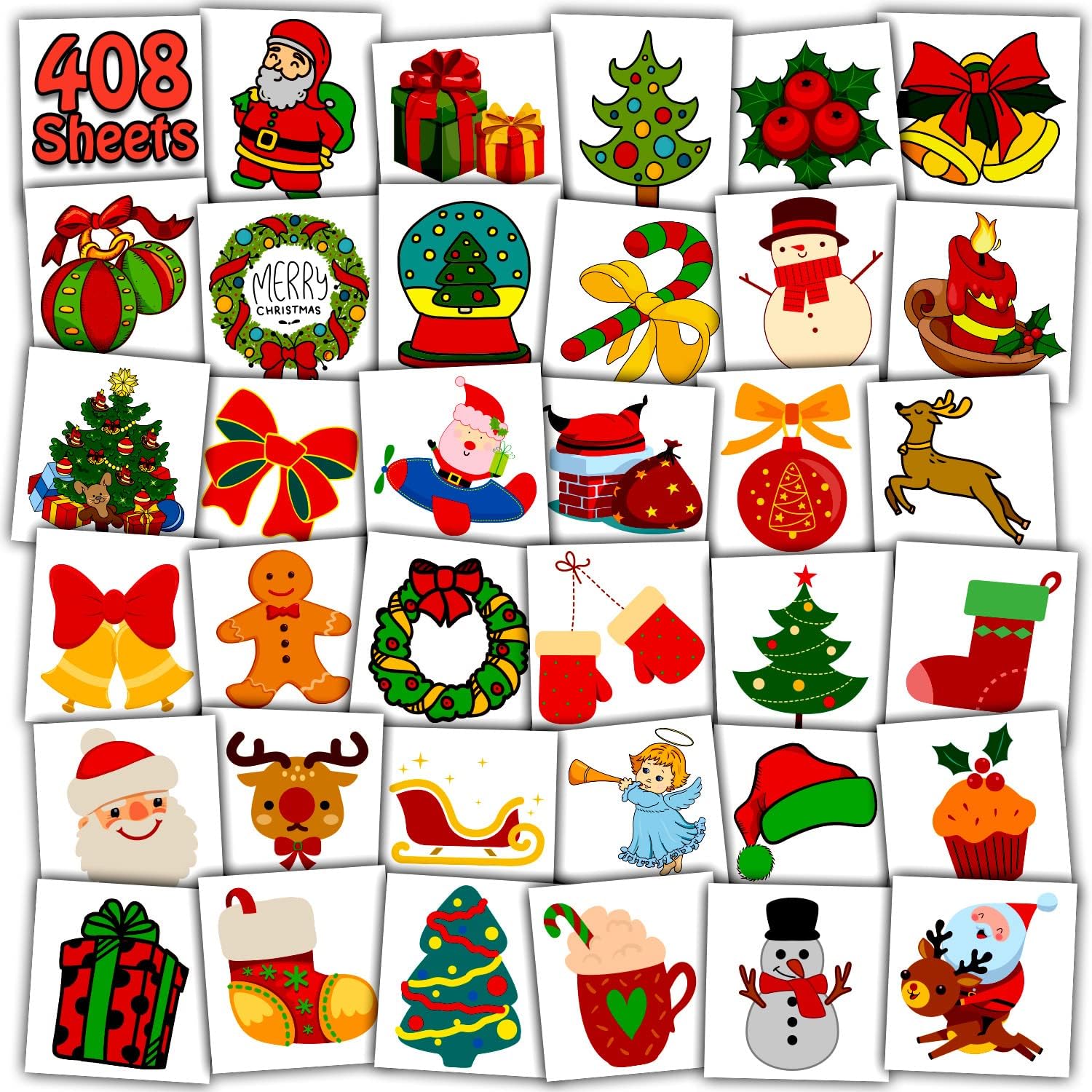 Leesgel Christmas Stocking Fillers, 408 Sheets Individually Wrapped Temporary Tattoos for Kids Christmas Decorations, Christmas Stickers for Xmas Eve Box Toys Games Crafts Party Supplies Favours