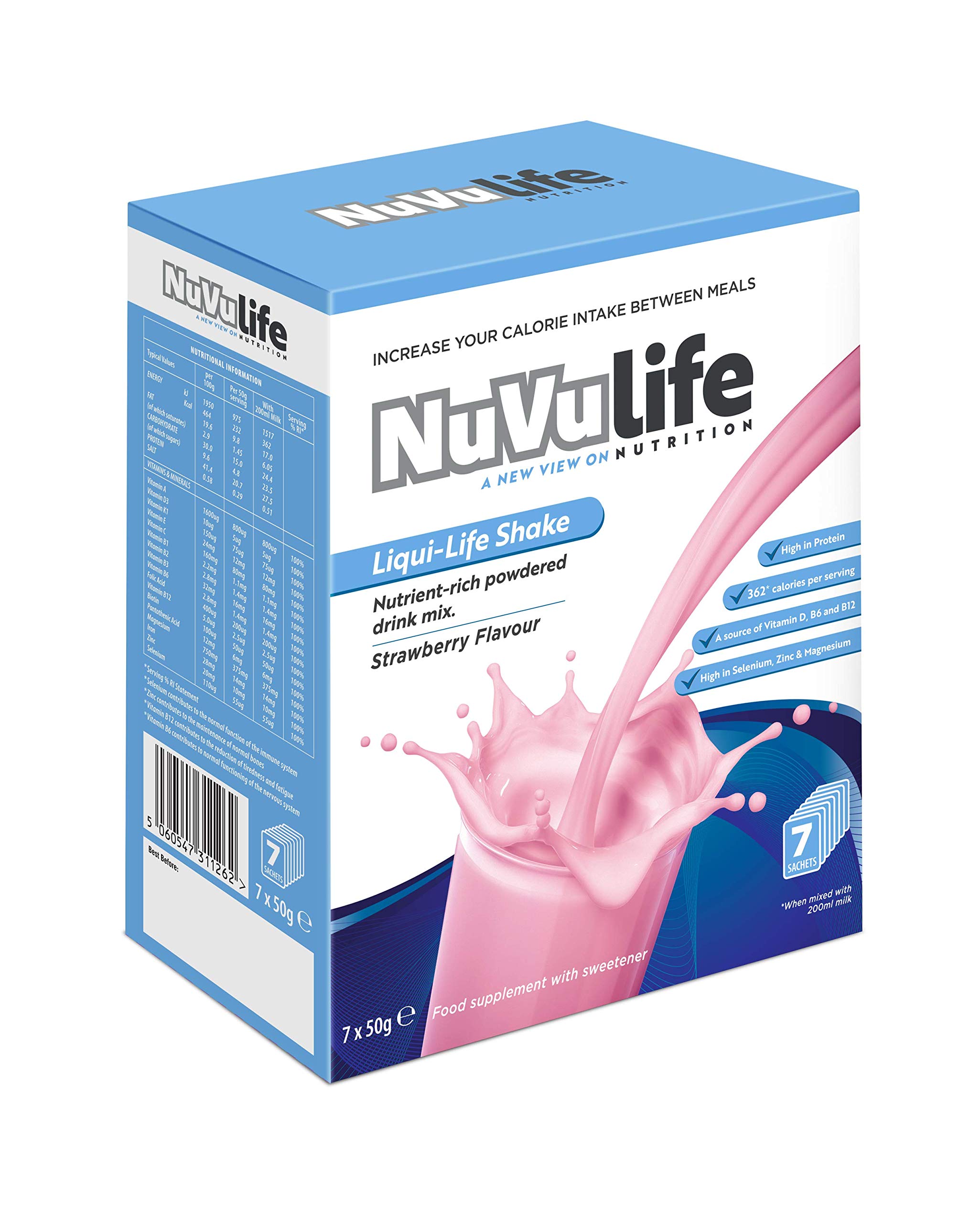 NuVu Life, Liquid-Life Shake. High Calorie, High Protein, Nutrient Rich Powdered Drink Mix for Weight Gain or Meal Replacement (Strawberry, 7 Sachets)