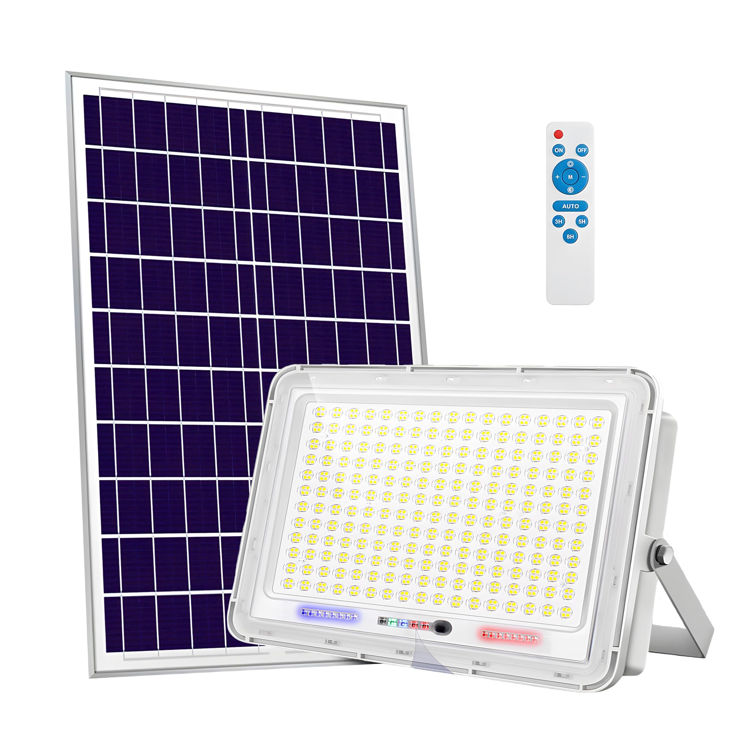 Photo 1 of 100W to 600W Pure White High Bright Solar Power Flood Light Outdoor Remote, IP67 Waterproof, Auto On/Off, Wide Range, Dusk to Dawn for Yard, Gazebo, Shed, Barn, Porch, Patio, Garage, Garden (200W)