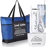 Sieral 3 Pcs Social Worker Appreciation Gift Set 20 oz Stainless Steel Tumbler with Straw, Canvas Makeup Bag and Tote Bag for Women, Staff, Nurse Week, Volunteers Graduation Gifts(Blue)