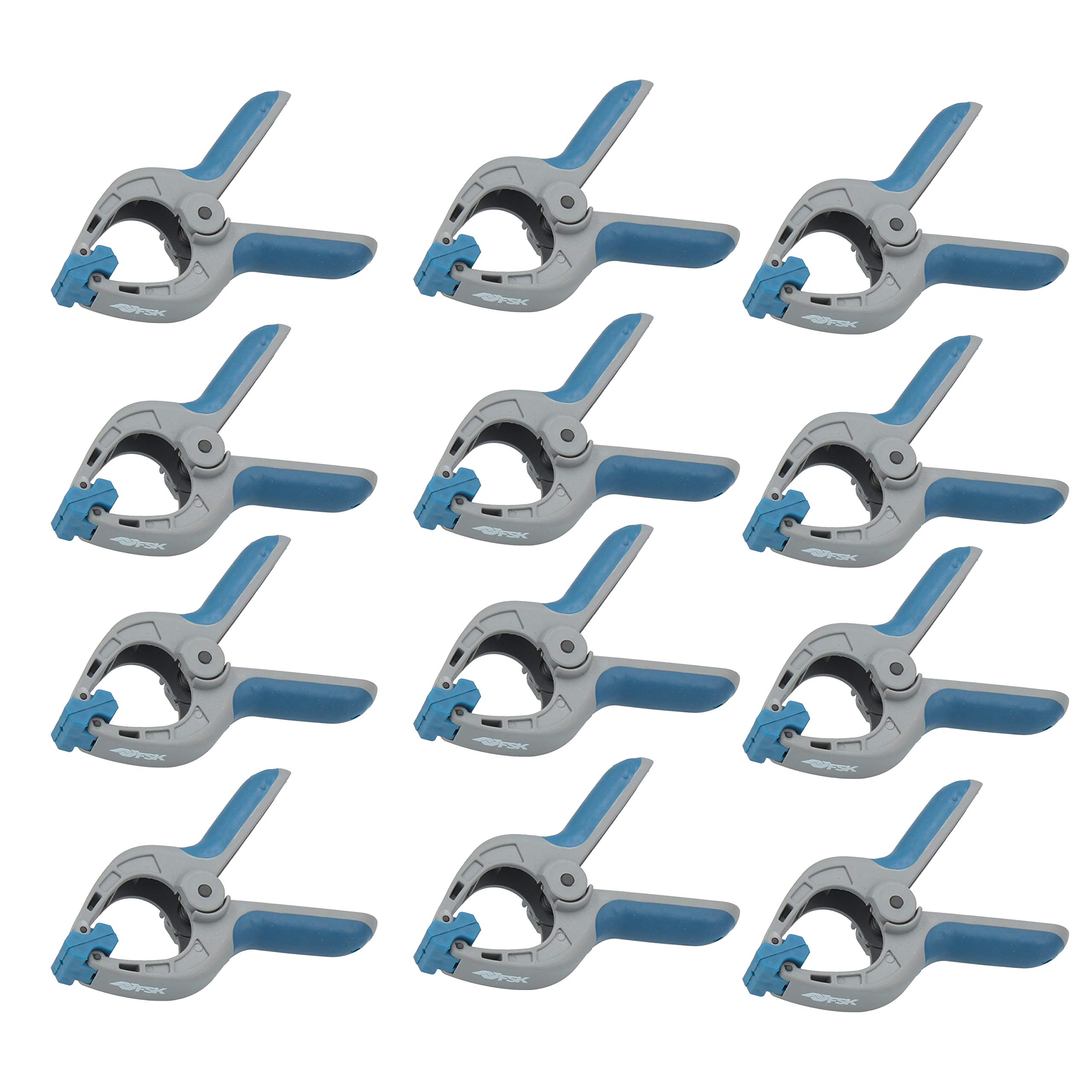 Ferrestock FSKPRS102 12pcs Spring Loaded Clamping Clamps, Non-Slip Handle, Swivel Jaws, Extra Strong Spring, Max Opening 65mm, Depth 65mm