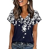 Zeagoo Womens Summer Tops Rolled Short Sleeve V Neck Shirts Casual Dressy Business Work Blouses Outfits