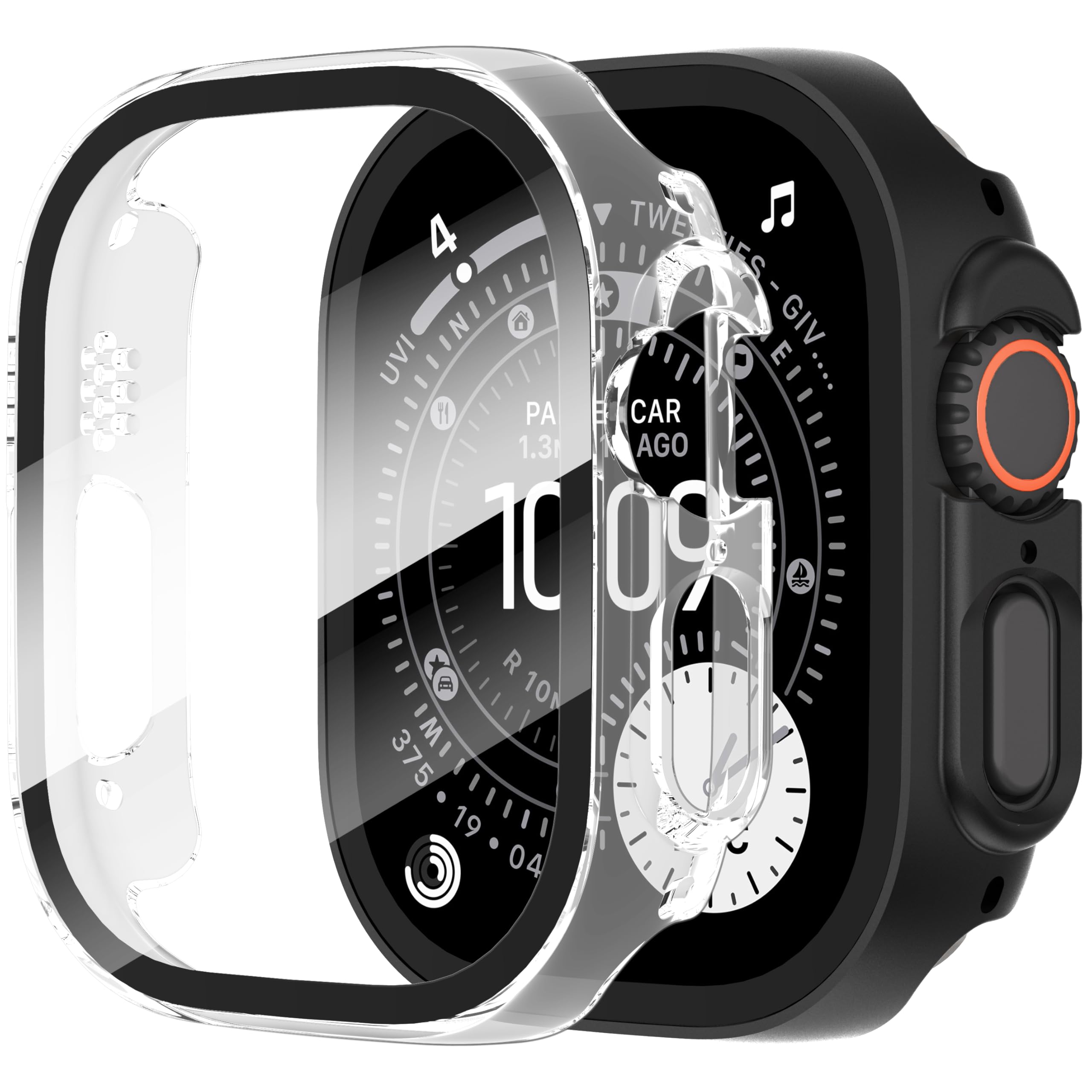 Diruite 2-Pack Screen Protector for Apple Watch Ultra 3/2/1 49mm Tempered Glass Case,All Around Hard Matte PC Protective Cover,Black&Transparent,49mm