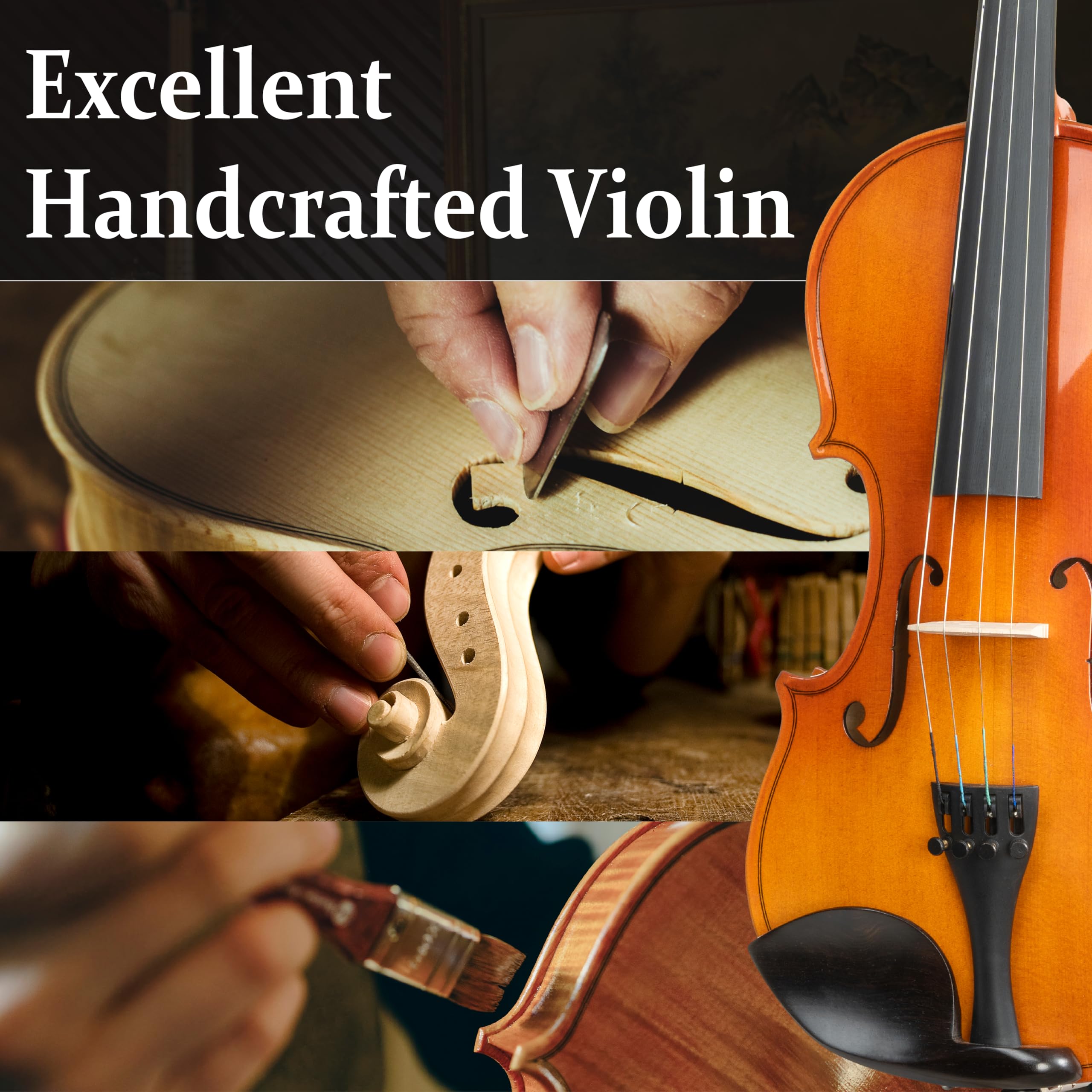 Mendini by Cecilio Violin 4/4 Full Size Set For Beginners - Hand Carved Acoustic Violins Set - Fiddle Solidwood Kit with Hard Case, Two Bows, Tuner, Rosin, Shoulder Rest, Extra Strings, Lesson Book