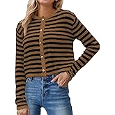 Zegetio Womens Striped Cardigan Sweaters Button up Long Sleeve Fall Outfits Knit Sweater Cropped Cardigans Casual Jacket Coat