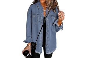 Vetinee Women’s Oversized Button Up Frayed Hem Shacket Long Sleeve Pockets Denim Jean Jacket