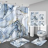 BayNook 4PCS Light Blue Gold Marble Shower Curtain Sets with Rugs, Abstract Luxury Bathroom Sets with Shower Curtain and Rugs, Gold Bathroom Curtains Shower Set with Toilet Lid Cover