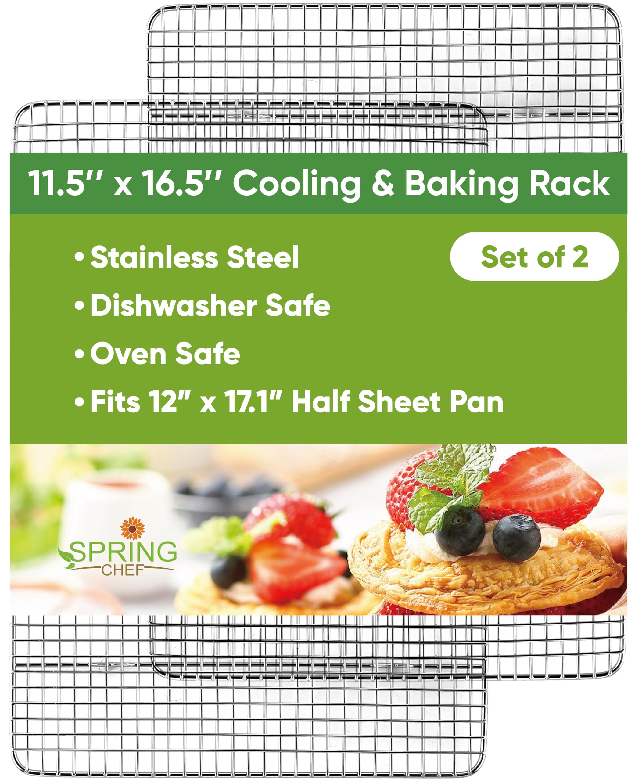 Spring Chef 11.5 x 16.5 Inch Stainless Steel Cooling Racks for Cooling & Baking - Oven Safe - Wire Roasting Racks for Oven Use - Fits Half Sheet Cookie Pan - Dishwasher Safe - Set of 2 Image
