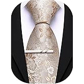Barry.Wang Paisley/Floral Men Necktie with Tie Clip Silk Tie Formal Wedding Party Business