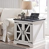 JXQTLINGMU Farmhouse End Table, 24" Large Sofa Side Table with Charging Station, Mesh Barn Door, and Adjustable Storage Shelf