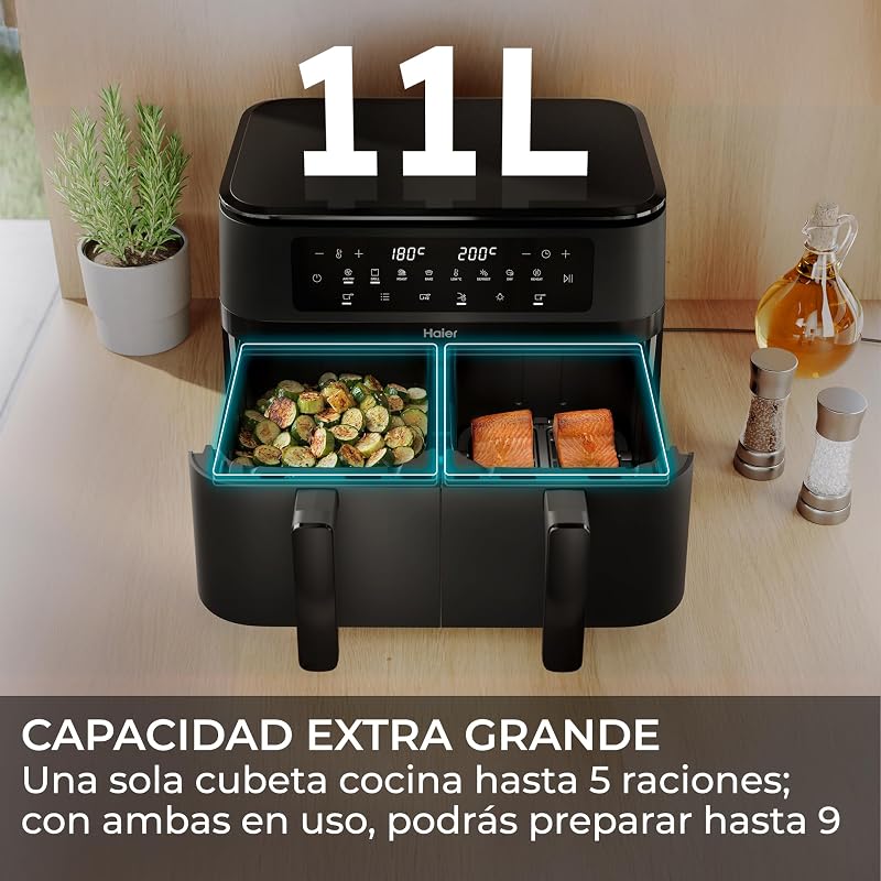 Fritadeira de ar de gaveta dupla 11L, 8 em 1: Fritar a ar, grelhar, assar, cozer, desidratar, reaquecer, descongelar, cozinhar lentamente, função de sincronização, antiaderente, máquina de lavar loiça [HAF3AD]