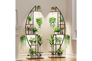 BACEKOLL Indoor Plant Stand with Grow Lights, 6-Tier Half-Moon Metal Plant Rack, 63" Tall, Black Iron and Particleboard, 2 Pa